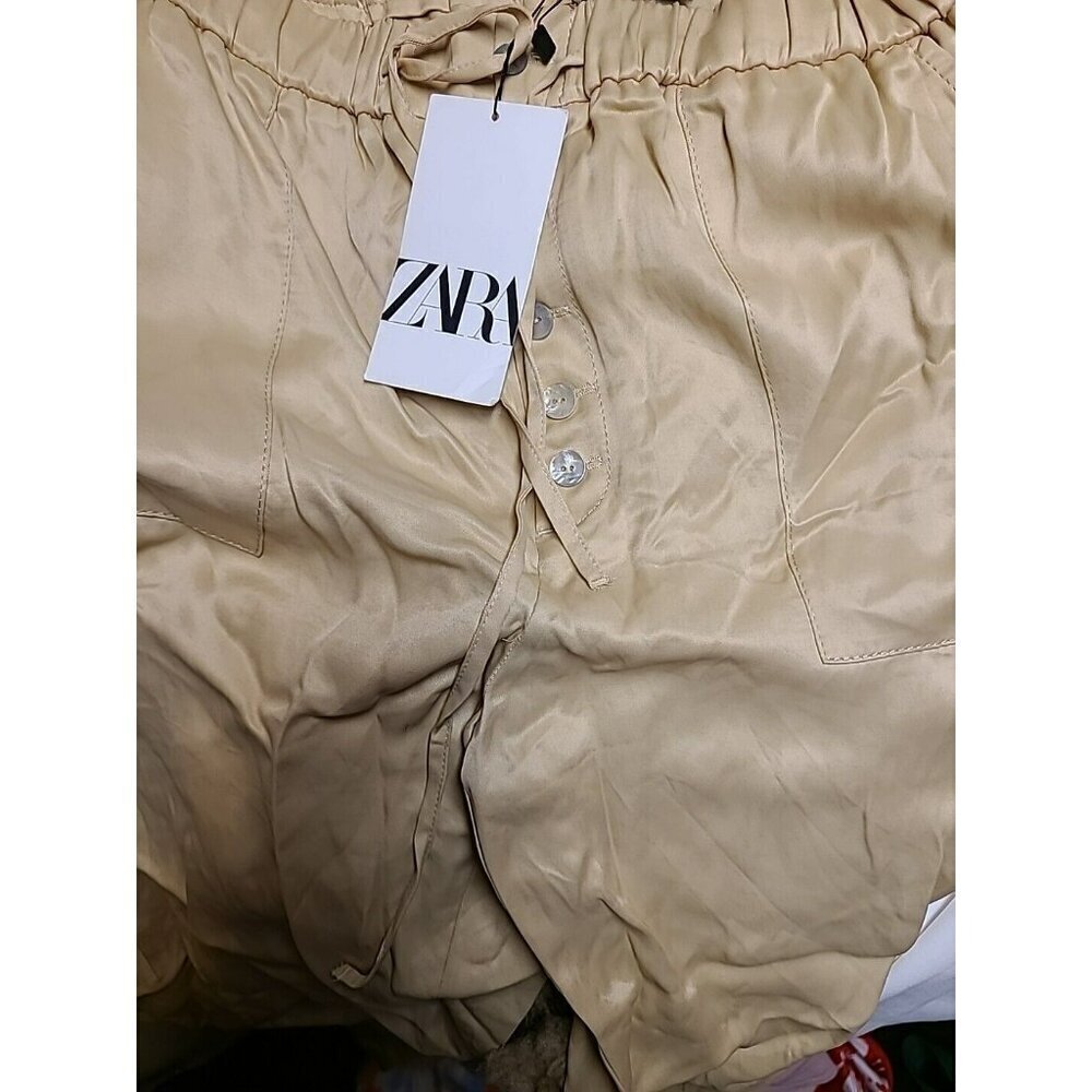 Zara Satin Effect Pants M Straight Leg CHAMPANGE Trouser Pockets 4886 240
